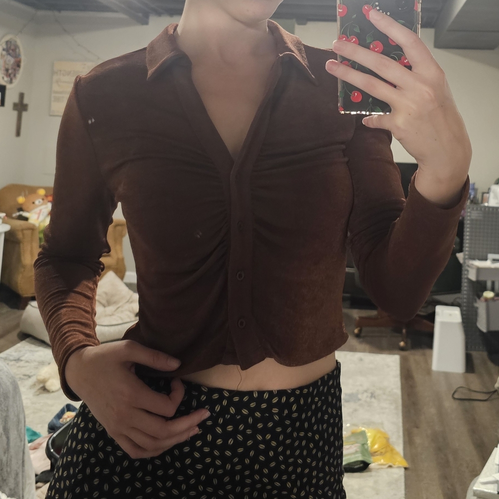 Brown Long Sleeve Ruched Top